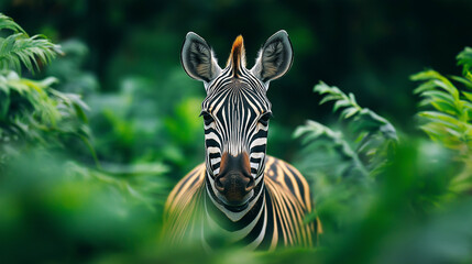  Majestic zebra emerging from lush green foliage, perfect for wildlife documentaries, conservation campaigns, and nature-inspired storytelling
