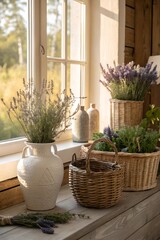 Fototapeta premium A serene photograph of a cozy home interior with natural herbs tastefully arranged in ceramic vases and wicker baskets. The warm and inviting atmosphere is enhanced by the soft sunlight filtering 