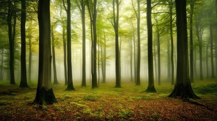 Obraz premium Misty Forest Scene With Tall Trees And Green Undergrowth