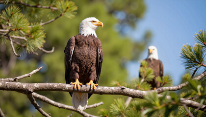 Majestic Bald Eagle perched on branch in forest, symbol of strength