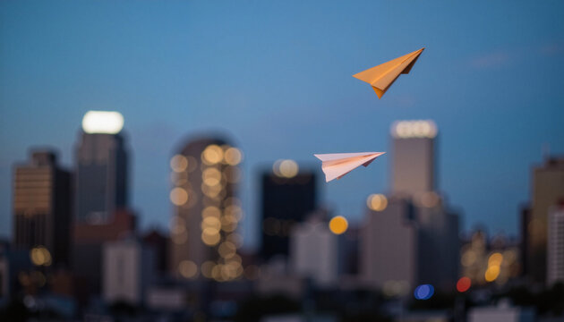 Floating paper airplanes in urban dusk, playful dreams - Powered by Adobe