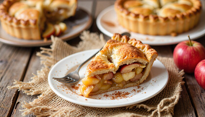 Delicious apple pie slice on wooden table, warm comfort food