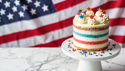 Patriotic layer cake decorated with stars and stripes, celebratory dessert