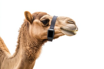 Obraz premium A camel adorned with a unique tech accessory stands proudly against a bright white backdrop isolated on transparent background