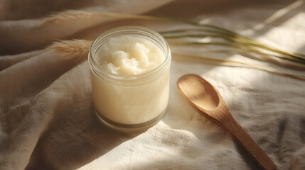 Jar of creamy lotion, alongside a wooden spoon, sitting on a beige fabric with dried wheat stalks