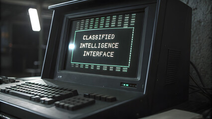 Retro computer with green command screen displaying programming code in a dark room, cyber security concept


