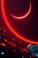 Obraz premium Futuristic spacecraft cockpit view of a red crescent moon in a starry space environment