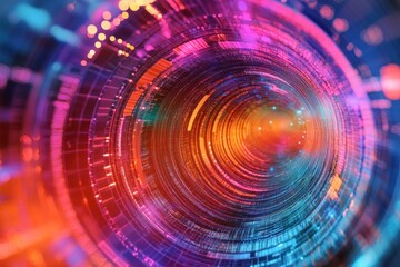 Abstract digital swirl of vibrant colors and circular patterns, representing technology and innovation in a futuristic setting