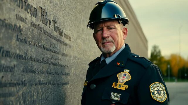 A veteran firefighter in formal uniform and helmet stands by a commemorative wall, exuding respect and dedication