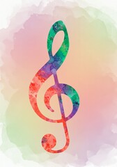 Fototapeta premium Colorful Treble Clef Watercolor Design - Vibrant watercolor treble clef symbol on a soft pastel background. Perfect for music-themed projects
