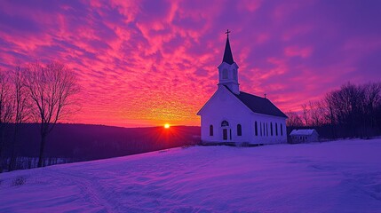 Vibrant sunset paints the sky above a charming church steeple in winter's embrace