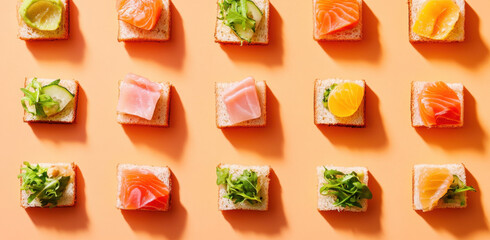 Mini sandwiches with diverse toppings are neatly arranged in a colorful pattern, showcasing fresh ingredients on a lively orange surface