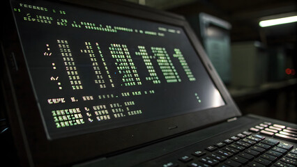 Fototapeta premium Retro computer with green command screen displaying programming code in a dark room, cyber security concept