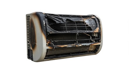 Damaged Air Conditioning Unit - A close-up shot of a severely fire-damaged air conditioning unit against a white background