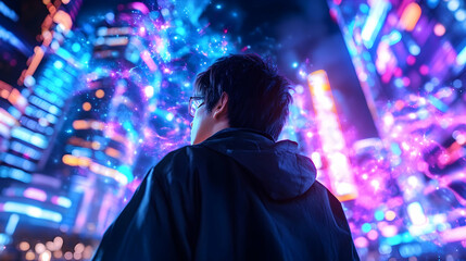 Obraz premium Person gazing at vibrant city lights at night