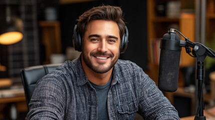 Handsome podcast with headphones and microphone smiling in a modern studio, perfect for podcast branding, media promotions, and digital marketing