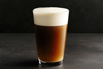 On a gray stone, a caffee latte is elegantly layered with whipped cream