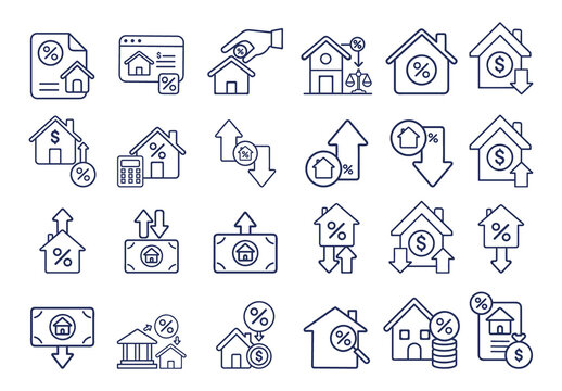 Dark Blue Mortgage Rates Financial Analysis Icons. Property Investment Icons Set