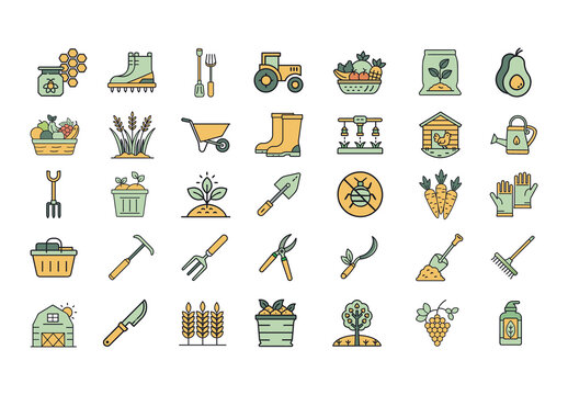 Green and Yellow Organic Farming Agriculture Icons. Eco-Friendly Icons Set