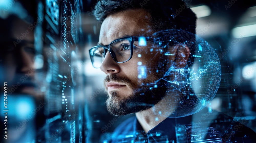Poster focused man analyzing digital data in a tech setting