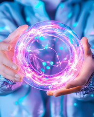 Person holding glowing orb, neon light, hands, futuristic, close-up, abstract, concept