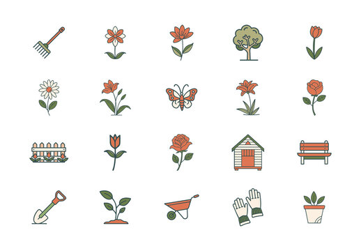 Orange and Green Garden Nature Plants Icons. Gardening Icons Set