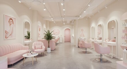 Elegant Pink Hair Salon Interior - Stylish and modern pink hair salon interior design with comfortable seating and elegant mirrors