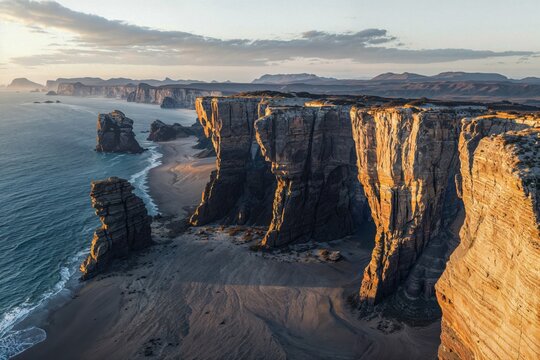Coastal Cliffs at Sunset with Ocean Waves and Rocky Landscape