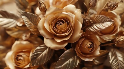Champagne gold roses with bronze leaf accents, adding a warm and sophisticated aesthetic.