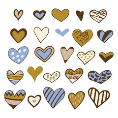 Decorative hearts set. Valentine's day symbols doodle hearts and elements. Hearts of different sizes, shapes and patterns. Isolated. Doodle. Vector illustration.