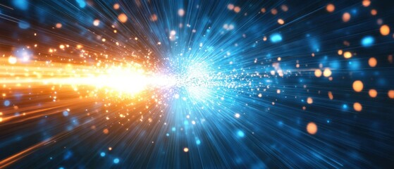 Dynamic burst of light and energy radiating outward in vibrant blue and orange hues, creating a sense of motion and excitement