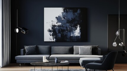 Modern Living Room with Dark Walls and Minimalist Decor Featuring Abstract Art, Cozy Sofa, and Stylish Lighting Fixtures