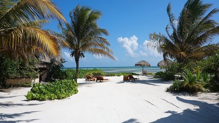 Fototapeta premium * Pristine white sandy beaches with palm tree backdrops.