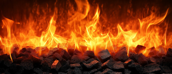 Blazing charcoal fire with glowing embers and intense flames, ideal for barbecue promotions, grilling advertisements, and fire-themed designs