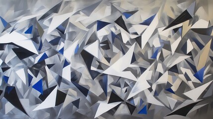 Abstract geometric composition in shades of gray, black, white, and blue showcasing dynamic angular shapes and patterns in modern artwork