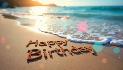 Happy Birthday Written in the Sand on a Beach