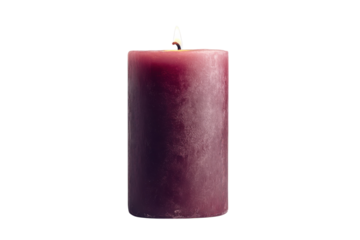 A solitary purple candle glows softly in a serene ambiance, casting gentle shadows in dim light isolated on transparent background