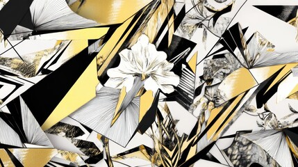 Abstract Collage of Geometric Shapes and Floral Patterns in Black, White, and Gold Tones for Creative Design and Art Projects