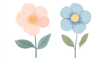 Fototapeta premium Two pastel flowers on a white background. Possible use greeting card, social media graphic
