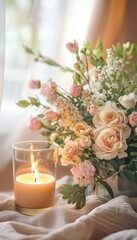 Obraz premium Elegant Mother's Day Card Setup with Flowers and Candle for Warm, Cozy Note Design