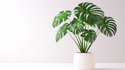 Fototapeta premium Serene Monstera Deliciosa in a White Pot Against a Minimalist White Background
