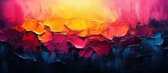 Fototapeta premium Abstract impasto painting in vibrant hues of yellow, orange, pink, purple, and blue.
