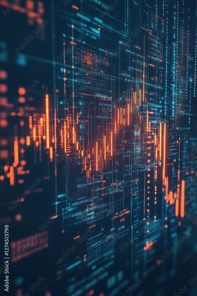 Poster abstract digital data visualization showing fluctuating graphs and vibrant lines representing trends
