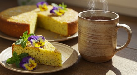 Lemon Poppy Seed Cake and Tea - Warm tea, lemon poppy seed cake, spring flowers, mint leaves, sunlight. Sweet treat, relaxing moment, fresh flavors, vibrant colors, cozy atmosphere