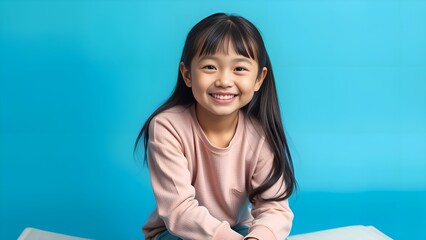 Asian girl smiling Close-up background blue