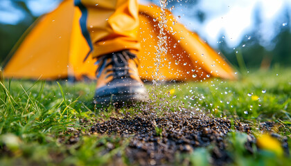 Person watering campsite ground with water splashing