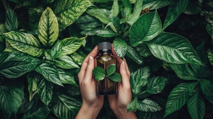 Natural Herbal Remedy: A Dark Bottle of Essential Oil Nestled in Lush Greenery