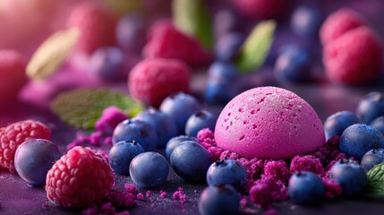 Obraz premium Colorful assortment of fresh berries and a pink macaron on a vibrant purple backdrop