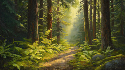 Fototapeta premium Sun-dappled forest path from below with green ferns and moss creating a peaceful setting