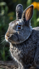 Fototapeta premium The photo captures a fluffy dark grey rabbit with perked-up ears and bright eyes, sitting on the ground surrounded by grass with a blurred natural background.